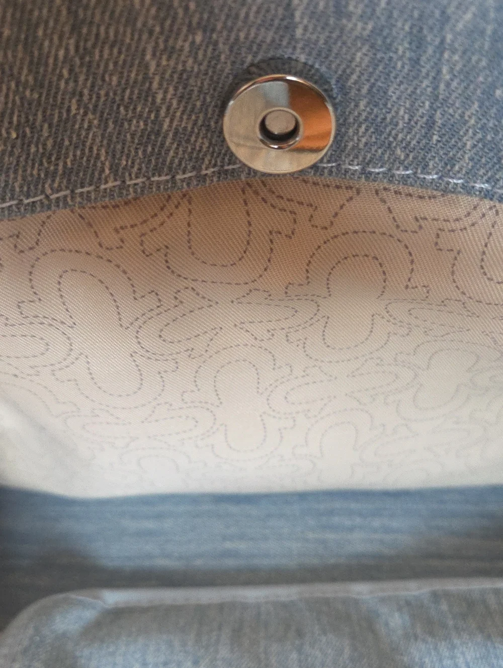 EUCTrue Religion Blue Denim Messenger Tote with Brown Handles and Red Logo Patch